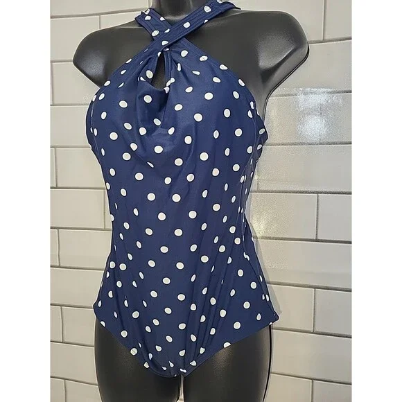 Lands' End Women's Sz 4/6 Polka Dots One Piece Swimsuit Navy Beach Resortwear - Picture 2 of 8